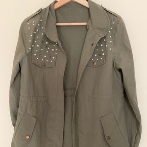 Olive Green Lightweight Studded Pearls Jacket